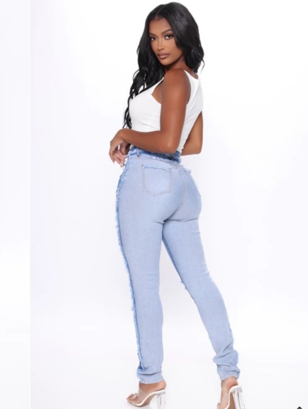 Fashion Nova Pull It Together Two Tone Skinny Distressed Light Blue Jeans - Picture 3 of 8